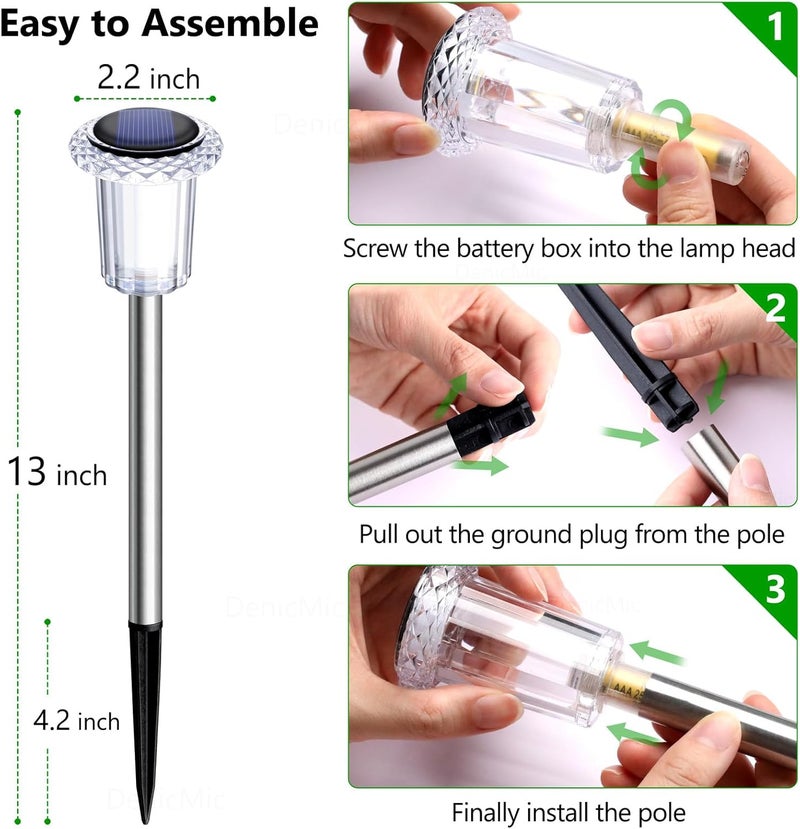 DenicMic Solar Lights Outdoor 10 Pack Waterproof 3000K Warm White LED Stainless Steel Stake Outside Lights for Yard Pathway Garden Driveway Walkway Landscape Path Lighting - Image 5